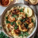 Delicious Cauliflower Shawarma Bowl topped with fresh vegetables and sauce