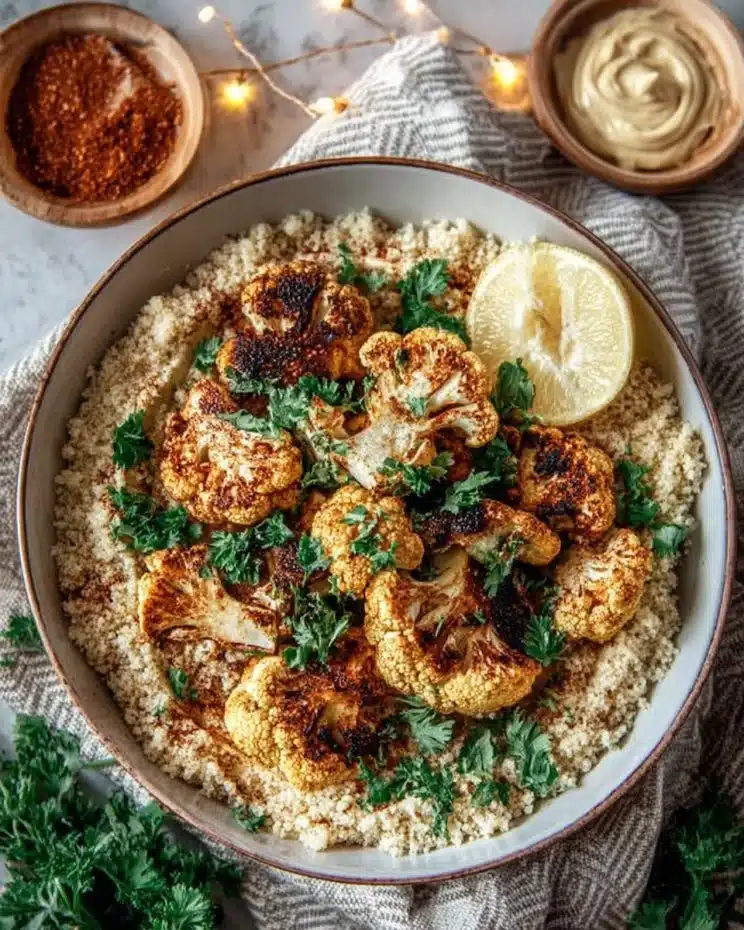 Delicious Cauliflower Shawarma Bowl topped with fresh vegetables and sauce