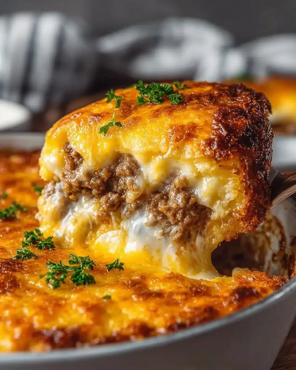 Cheesy keto ground beef casserole dish topped with melted cheese and herbs