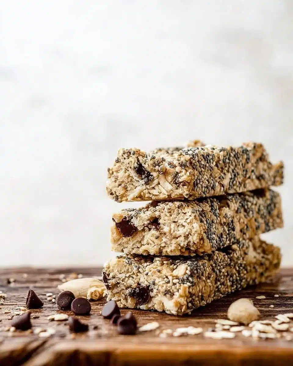 Chia seed granola bars with oats and nuts on a wooden board