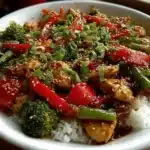Colorful Chicken Stir-Fry with vegetables and savory sauce served in a bowl