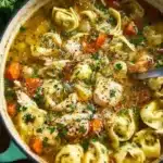 Bowl of Chicken Tortellini Soup with fresh herbs and vegetables