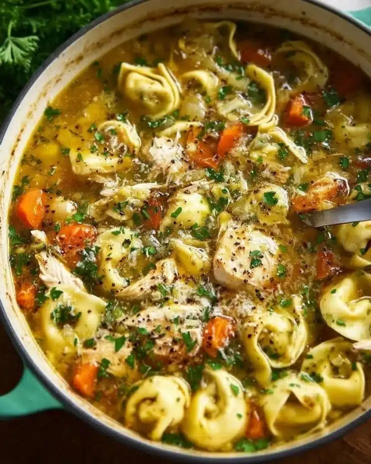 Bowl of Chicken Tortellini Soup with fresh herbs and vegetables