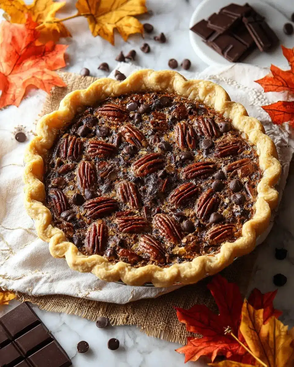 Delicious Chocolate Bourbon Pecan Pie with rich chocolate and pecans