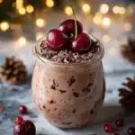 Bowl of chocolate cherry overnight oats topped with cherries and chocolate chips