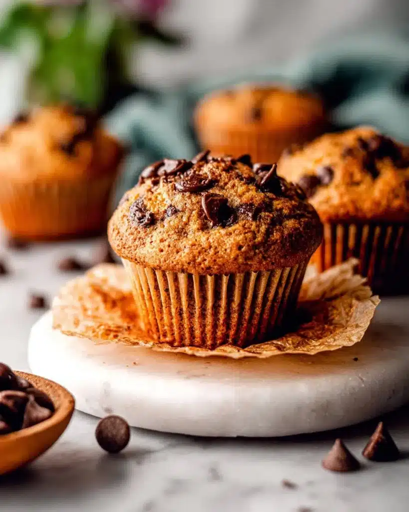 Delicious homemade chocolate chip protein muffins on a wooden table.