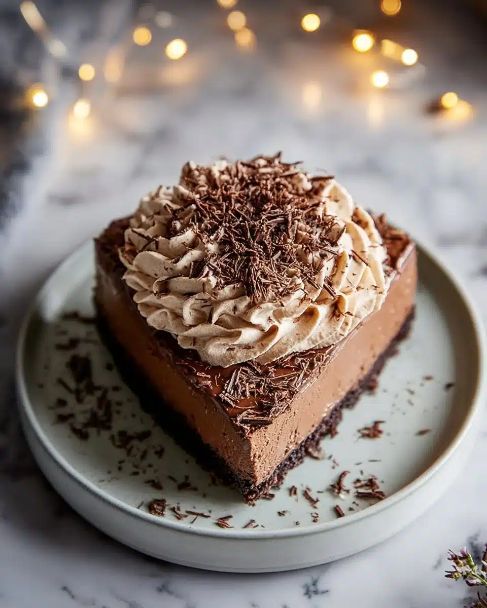 Slice of Chocolate Espresso Cheesecake topped with chocolate shavings and coffee beans