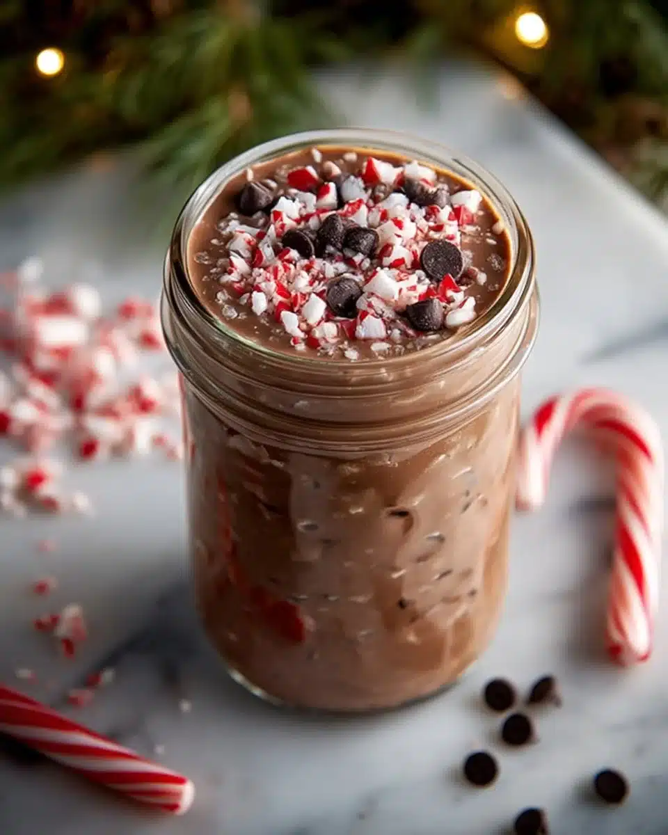 Chocolate peppermint overnight oats topped with whipped cream and peppermint sprinkles