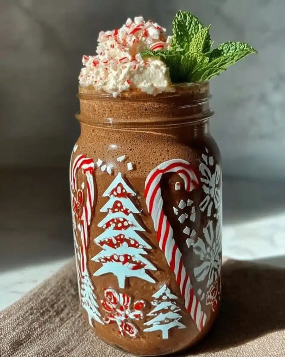 Chocolate peppermint smoothie in a glass with a mint garnish
