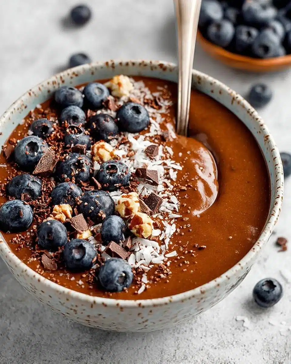 Vegan Chocolate Protein Smoothie Bowl topped with fruits and nuts