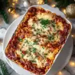 Festive Christmas Lasagna dish with layers of pasta, cheese, and holiday ingredients.