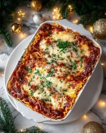 Festive Christmas Lasagna dish with layers of pasta, cheese, and holiday ingredients.