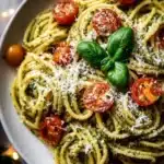 Bowl of Christmas Pesto Pasta garnished with festive herbs and pine nuts.