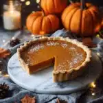 A delicious slice of classic pumpkin pie on a plate, decorated with whipped cream.