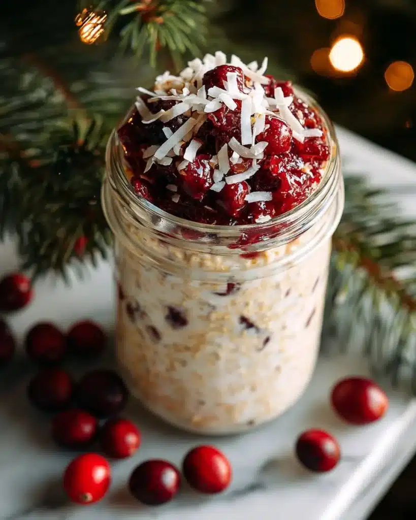 Delicious Coconut Cranberry Overnight Oats in a bowl, topped with coconut flakes and cranberries.