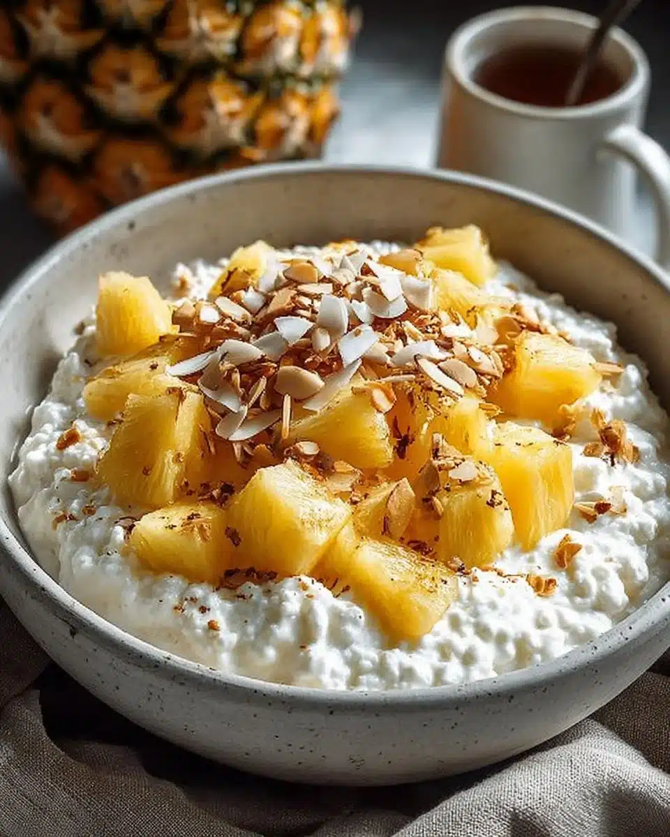 Cottage cheese and pineapple bowl topped with fresh fruit in a beautiful dish