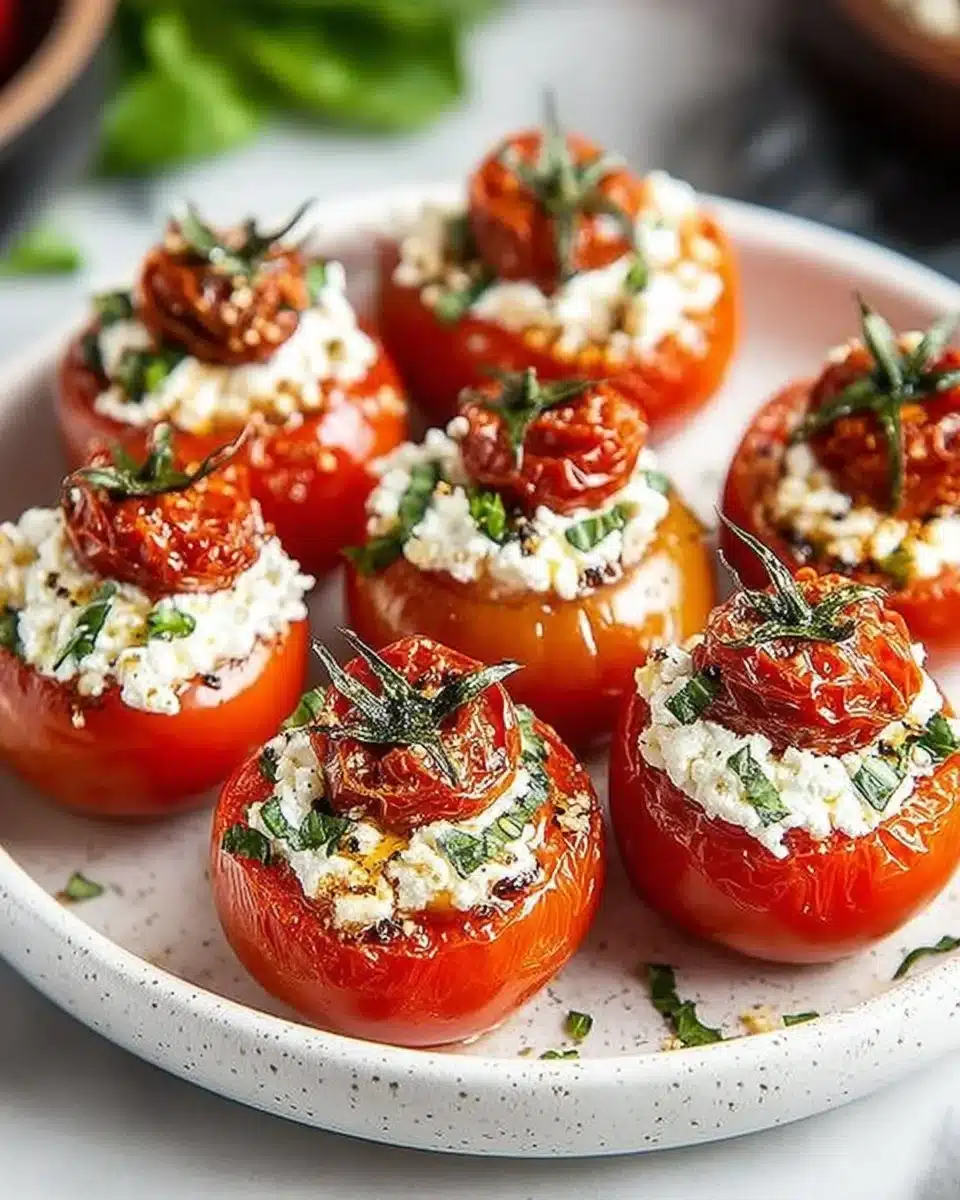 Cottage cheese and sun-dried tomato stuffed cherry tomatoes on a plate