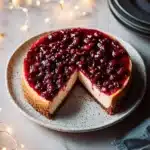 Slice of Cranberry Orange Cheesecake topped with cranberries and orange zest