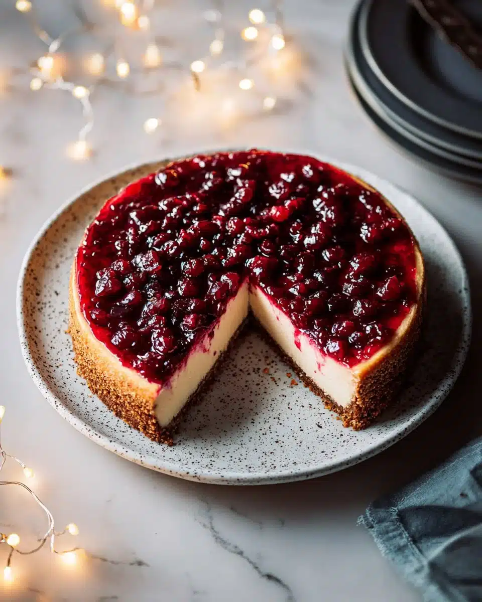 Slice of Cranberry Orange Cheesecake topped with cranberries and orange zest