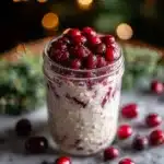 Bowl of cranberry overnight oats topped with fresh cranberries and nuts