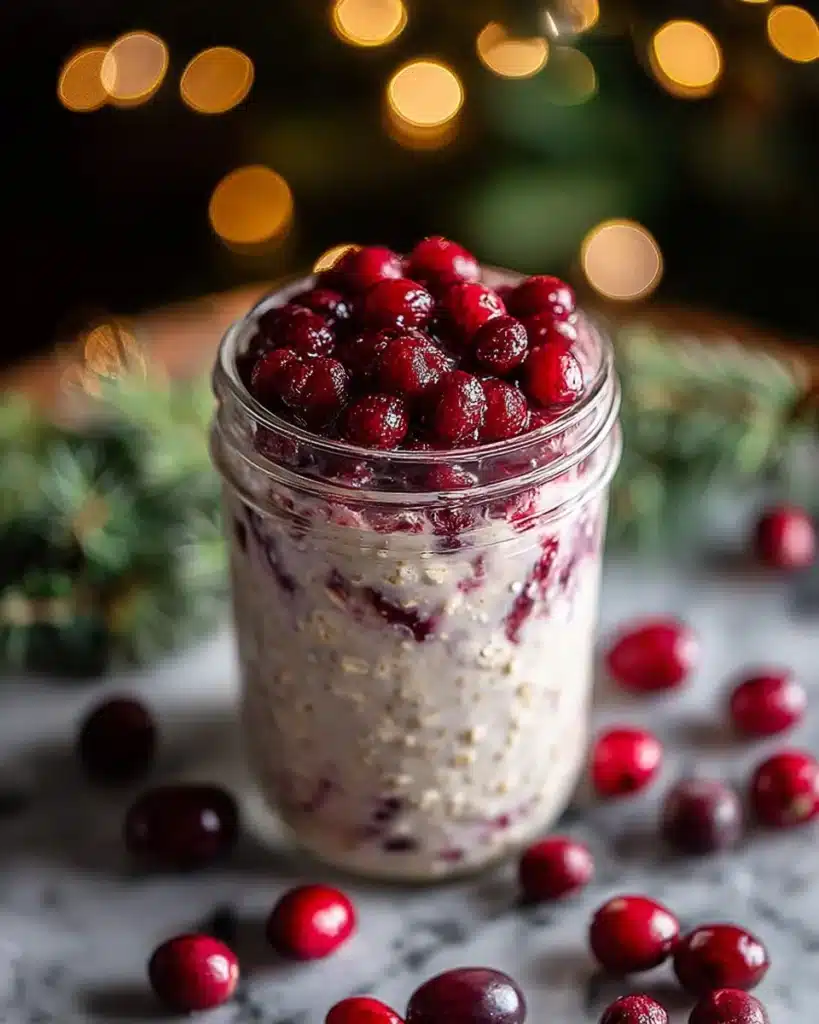 Bowl of cranberry overnight oats topped with fresh cranberries and nuts