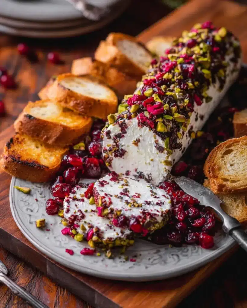 Cranberry Pistachio Goat Cheese Log on a wooden serving board