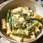Creamy asparagus pasta dish garnished with parmesan cheese and herbs