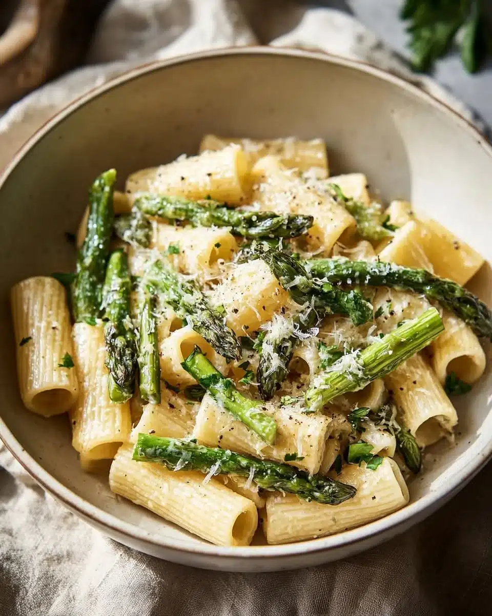 Creamy asparagus pasta dish garnished with parmesan cheese and herbs