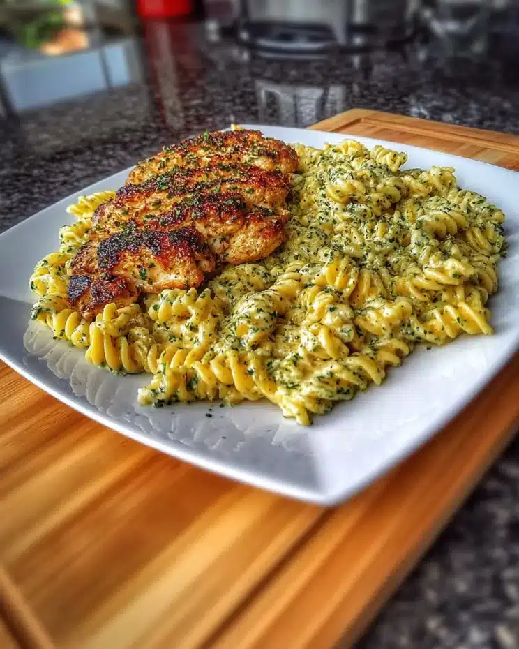 Creamy Garlic Parmesan Chicken Pasta dish served with herbs