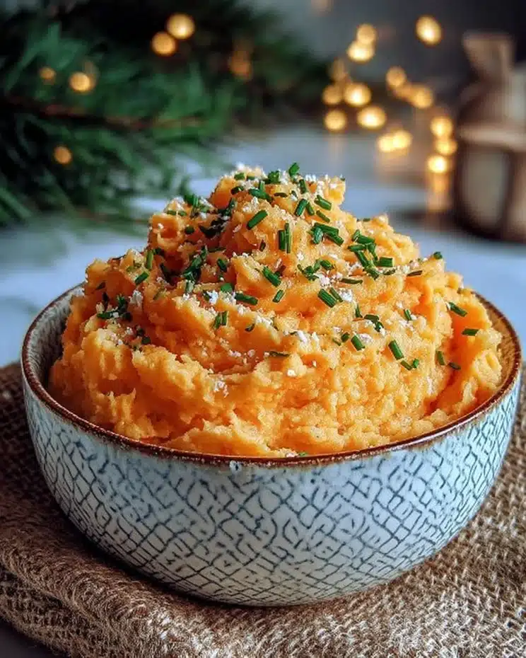 Deliciously creamy mashed carrots served in a bowl.