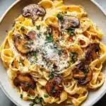 Creamy mushroom and truffle pasta served in a bowl