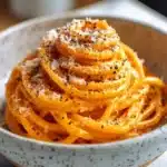 Creamy tomato pasta dish garnished with basil and parmesan cheese
