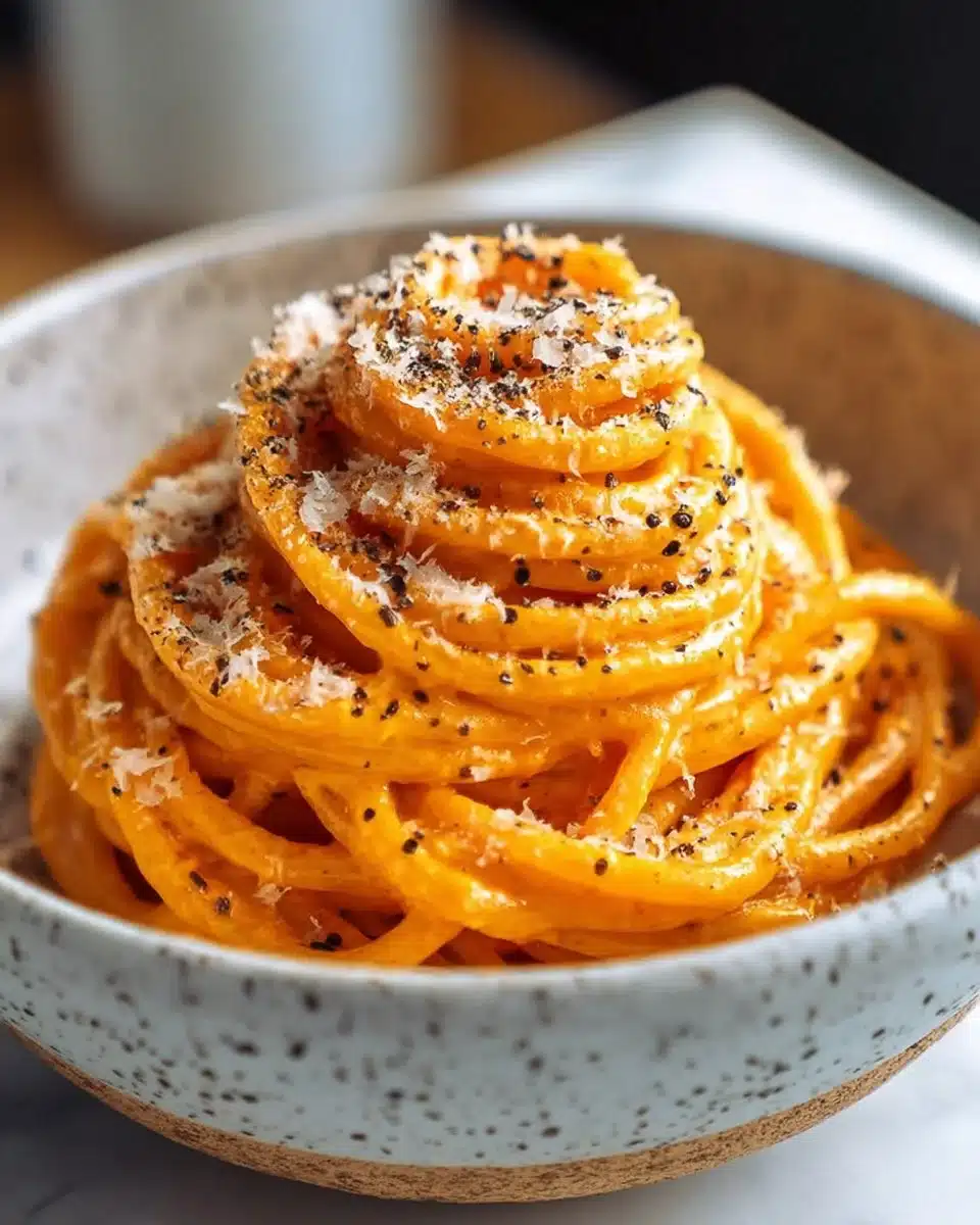Creamy tomato pasta dish garnished with basil and parmesan cheese