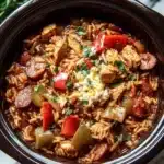 Delicious Crockpot Chicken Jambalaya served in a bowl with colorful ingredients.