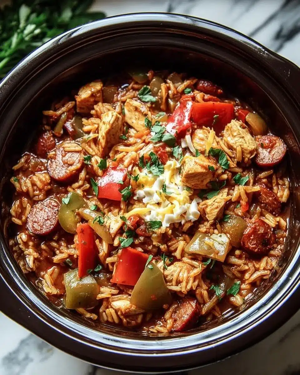 Delicious Crockpot Chicken Jambalaya served in a bowl with colorful ingredients.