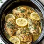 Crockpot Greek Lemon Chicken served with fresh herbs and lemon slices.