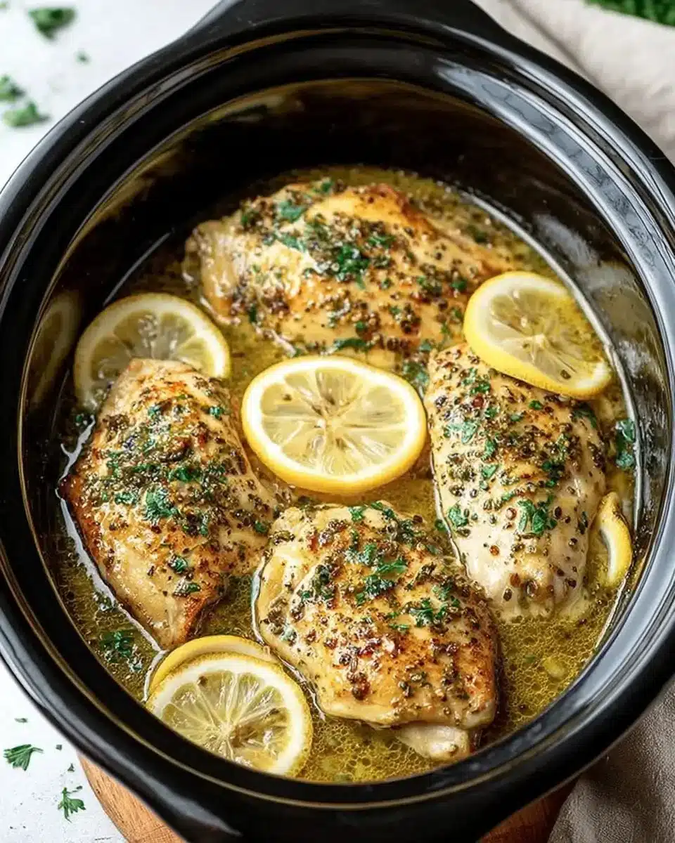 Crockpot Greek Lemon Chicken served with fresh herbs and lemon slices.