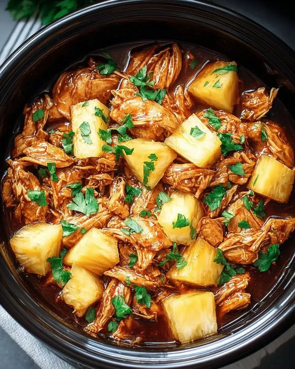 Delicious Crockpot Hawaiian Chicken with tropical flavors in a savory sauce.
