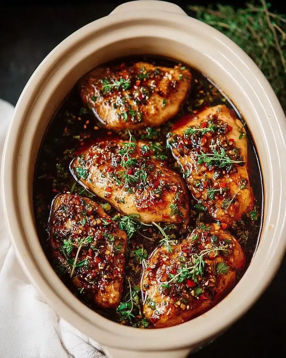Delicious Crockpot Honey Garlic Chicken garnished with green onions and sesame seeds.