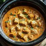 Crockpot Indian Butter Chicken garnished with fresh cilantro in a bowl.