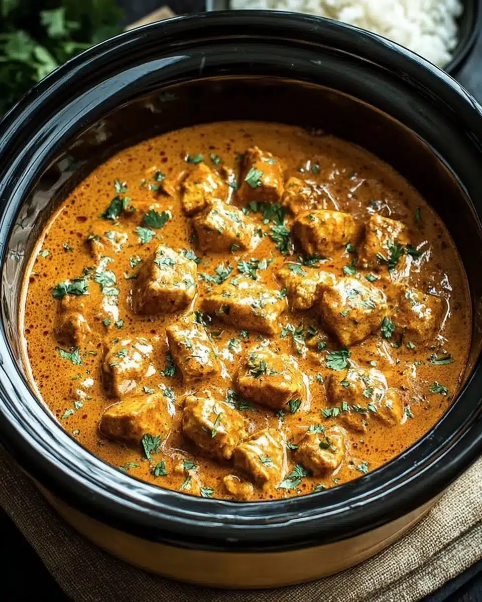 Crockpot Indian Butter Chicken garnished with fresh cilantro in a bowl.