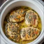 Plate of delicious Crockpot Lemon Garlic Butter Chicken with herbs and lemon slices
