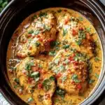 Slow cooker dish of Thai Peanut Chicken garnished with peanuts and herbs