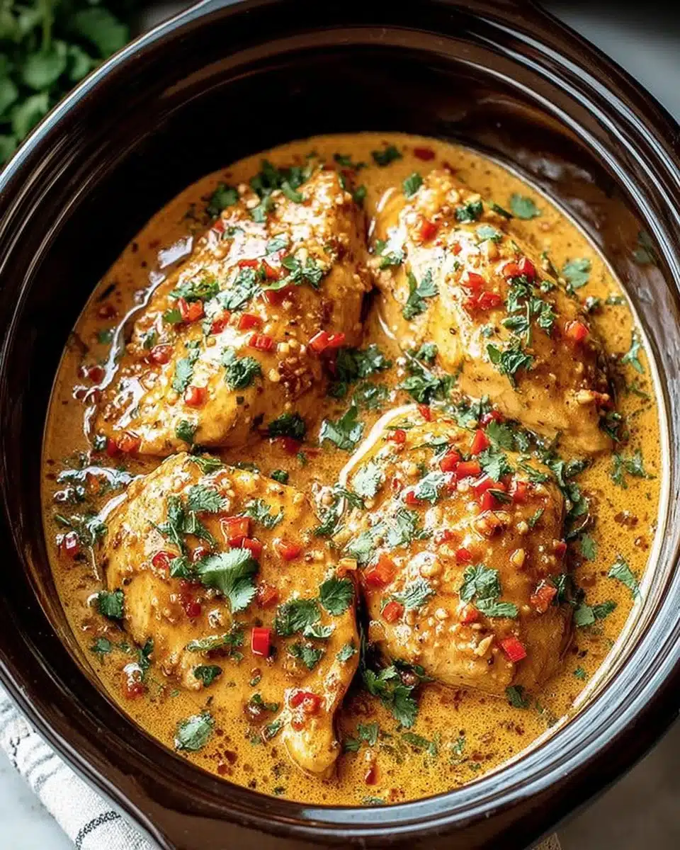 Slow cooker dish of Thai Peanut Chicken garnished with peanuts and herbs