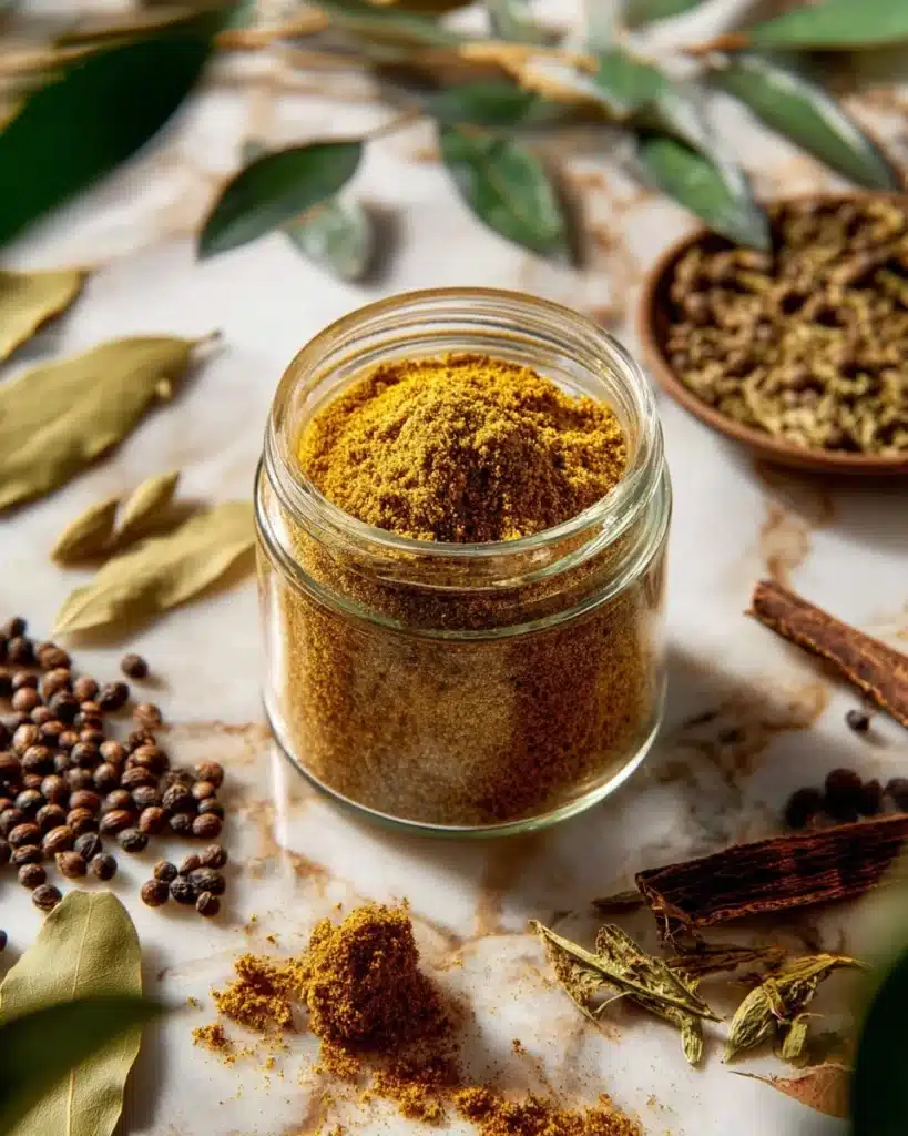 Bowl of curry-inspired fall spice mix with colorful spices and herbs