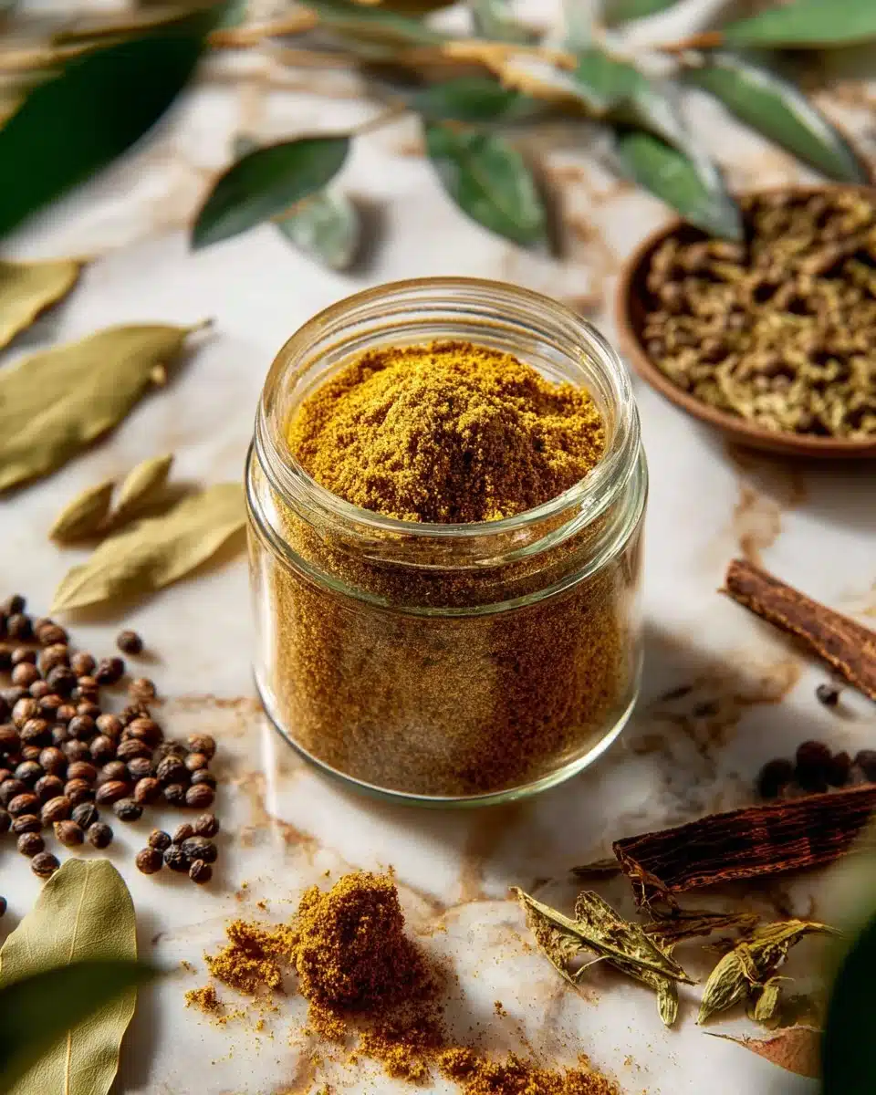 Bowl of curry-inspired fall spice mix with colorful spices and herbs