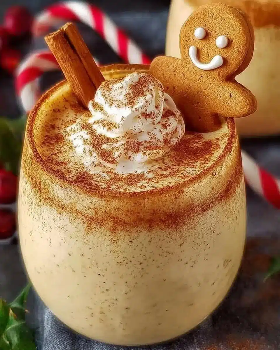 Creamy dairy-free eggnog in a glass with festive decorations