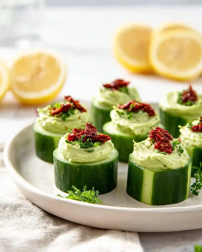Easy avocado appetizers featuring goat cheese and cucumber bites