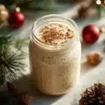 Bowl of eggnog overnight oats topped with nutmeg and cinnamon for a festive breakfast