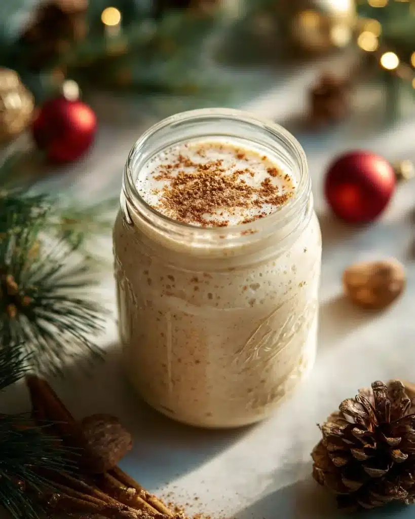 Bowl of eggnog overnight oats topped with nutmeg and cinnamon for a festive breakfast